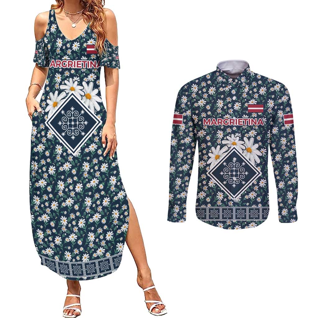 Latvia Couples Matching Summer Maxi Dress and Long Sleeve Button Shirt with Margrietina Daisy and Ethnic Pattern – Latvia in Bloom Floral Design