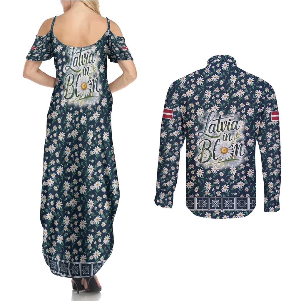 Latvia Couples Matching Summer Maxi Dress and Long Sleeve Button Shirt with Margrietina Daisy and Ethnic Pattern – Latvia in Bloom Floral Design