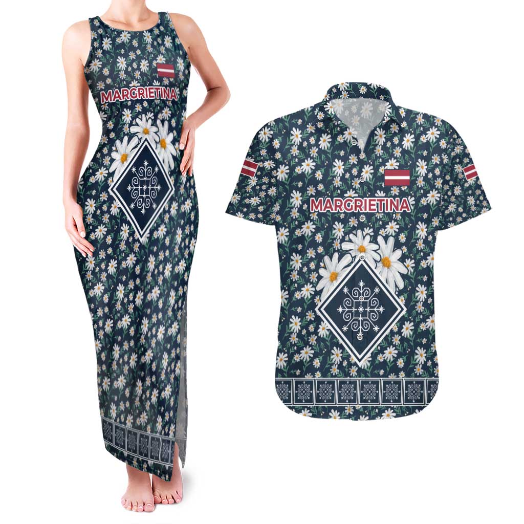 Latvia Couples Matching Tank Maxi Dress and Hawaiian Shirt with Margrietina Daisy and Ethnic Pattern – Latvia in Bloom Floral Design