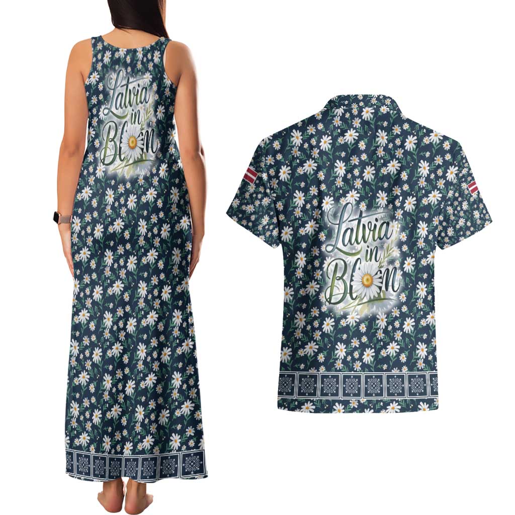 Latvia Couples Matching Tank Maxi Dress and Hawaiian Shirt with Margrietina Daisy and Ethnic Pattern – Latvia in Bloom Floral Design