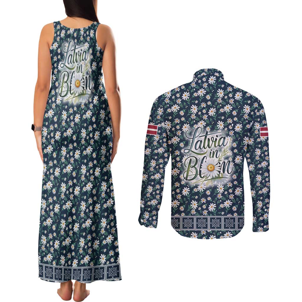 Latvia Couples Matching Tank Maxi Dress and Long Sleeve Button Shirt with Margrietina Daisy and Ethnic Pattern – Latvia in Bloom Floral Design
