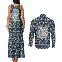 Latvia Couples Matching Tank Maxi Dress and Long Sleeve Button Shirt with Margrietina Daisy and Ethnic Pattern – Latvia in Bloom Floral Design