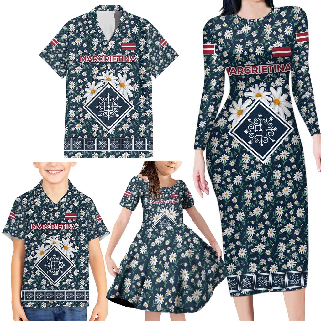 Latvia Family Matching Long Sleeve Bodycon Dress and Hawaiian Shirt with Margrietina Daisy and Ethnic Pattern – Latvia in Bloom Floral Design