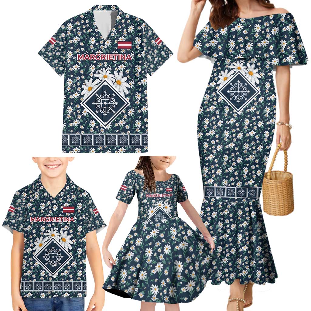 Latvia Family Matching Mermaid Dress and Hawaiian Shirt with Margrietina Daisy and Ethnic Pattern – Latvia in Bloom Floral Design