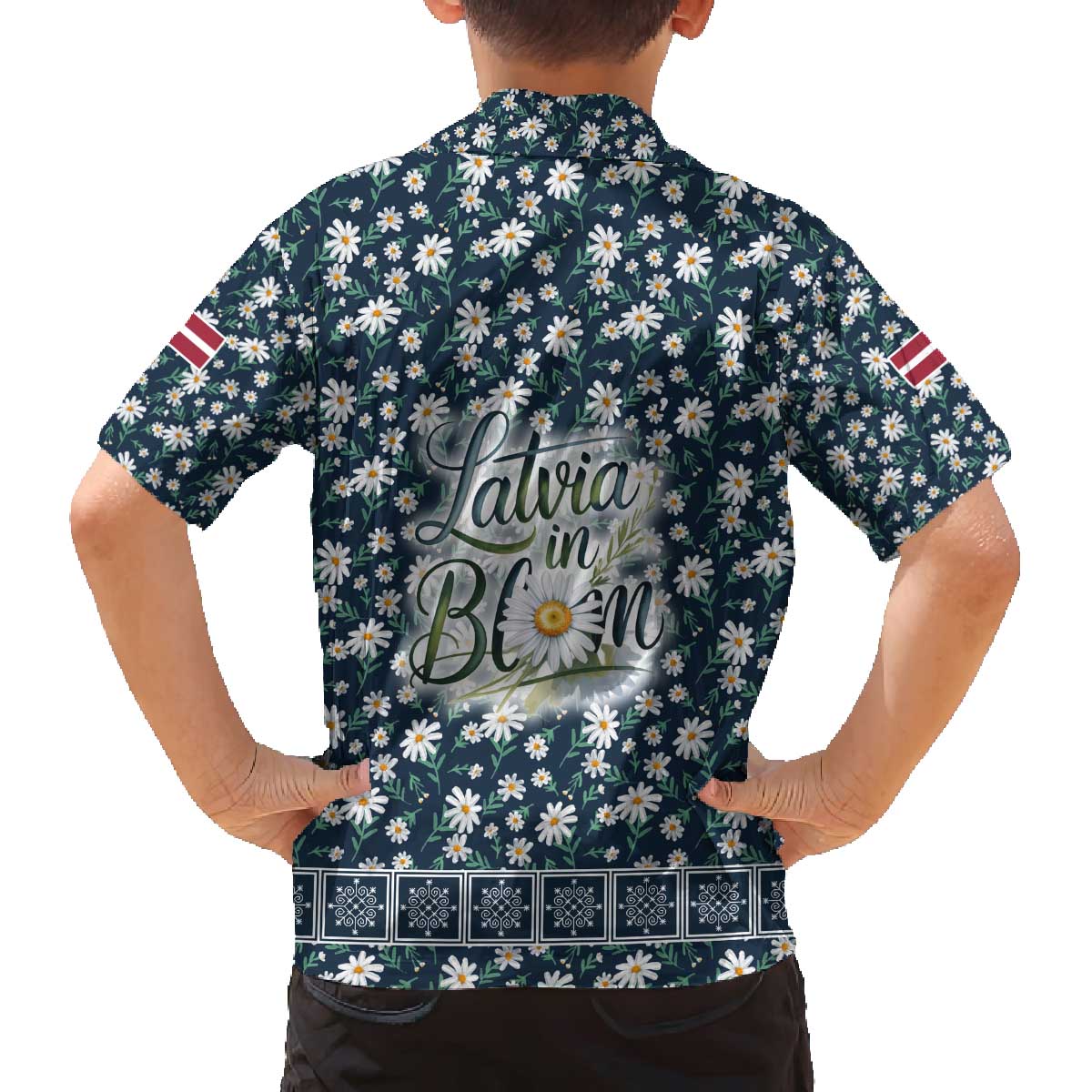 Latvia Family Matching Off The Shoulder Long Sleeve Dress and Hawaiian Shirt with Margrietina Daisy and Ethnic Pattern – Latvia in Bloom Floral Design