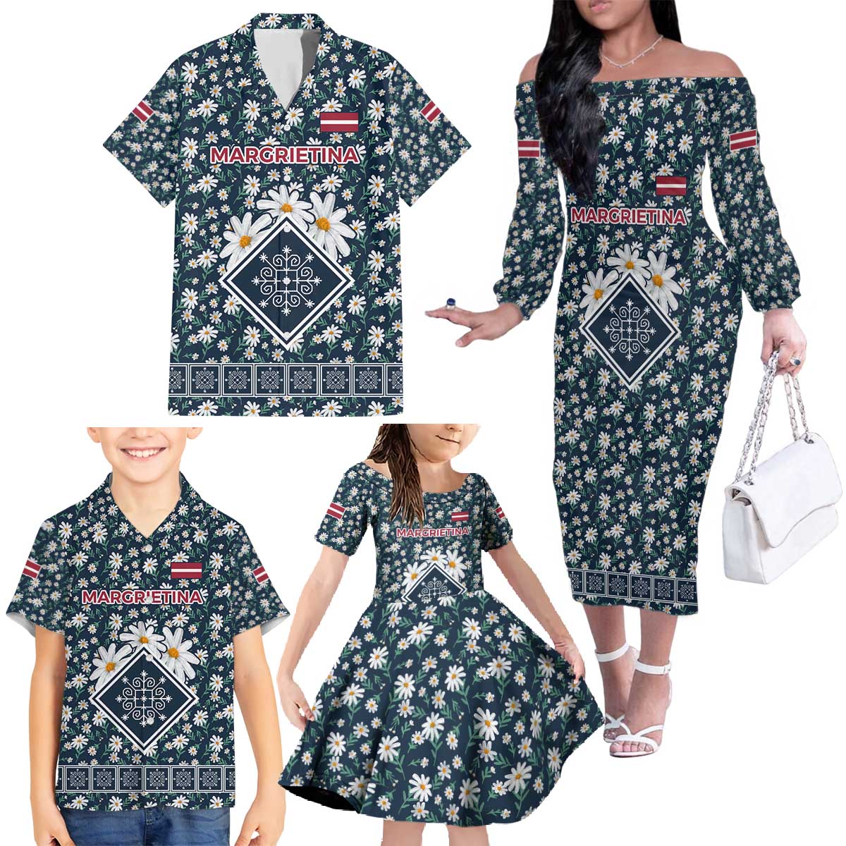 Latvia Family Matching Off The Shoulder Long Sleeve Dress and Hawaiian Shirt with Margrietina Daisy and Ethnic Pattern – Latvia in Bloom Floral Design