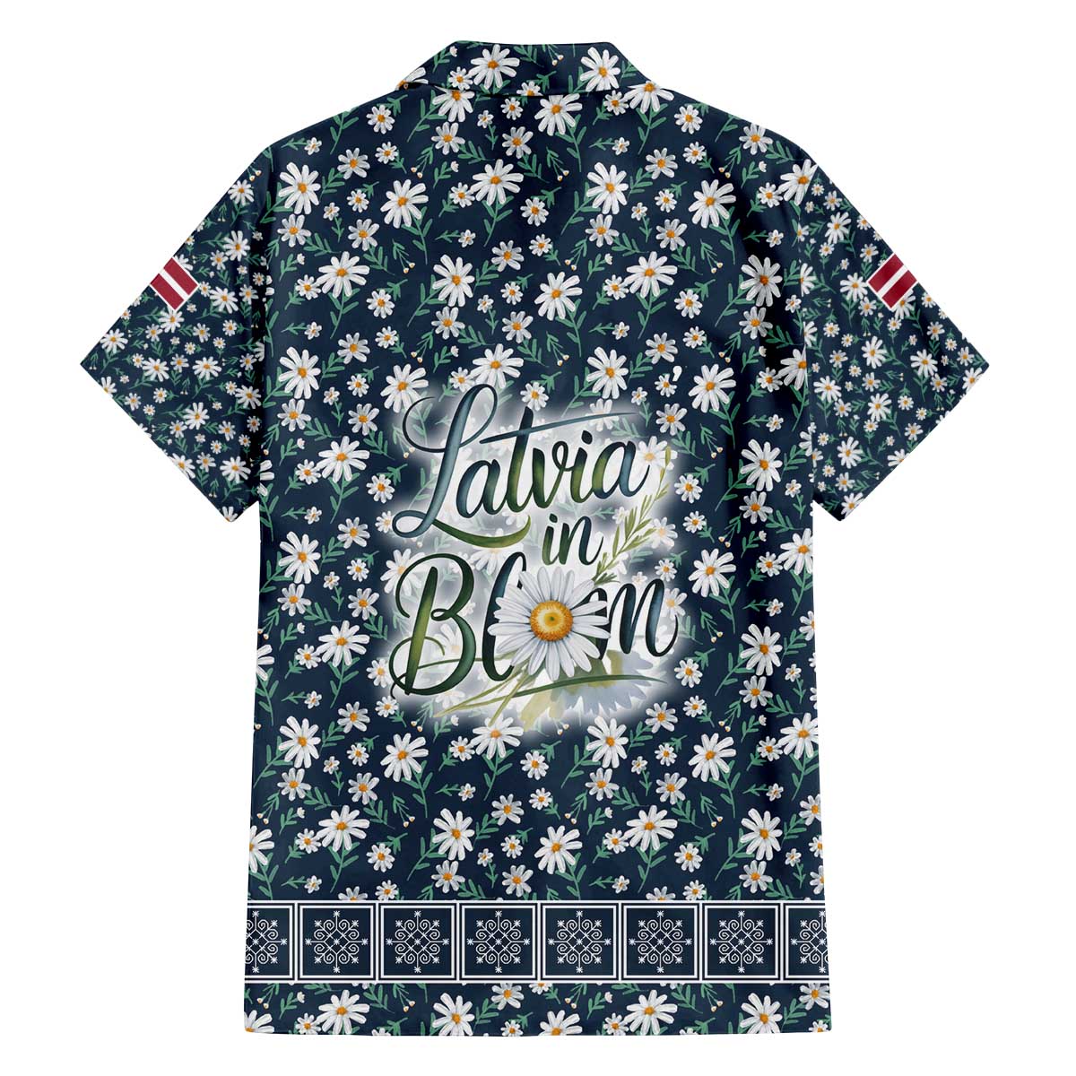 Latvia Family Matching Off The Shoulder Long Sleeve Dress and Hawaiian Shirt with Margrietina Daisy and Ethnic Pattern – Latvia in Bloom Floral Design
