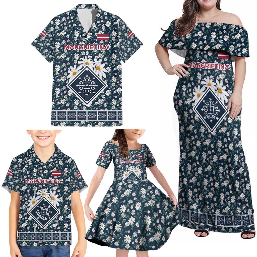 Latvia Family Matching Off Shoulder Maxi Dress and Hawaiian Shirt with Margrietina Daisy and Ethnic Pattern – Latvia in Bloom Floral Design