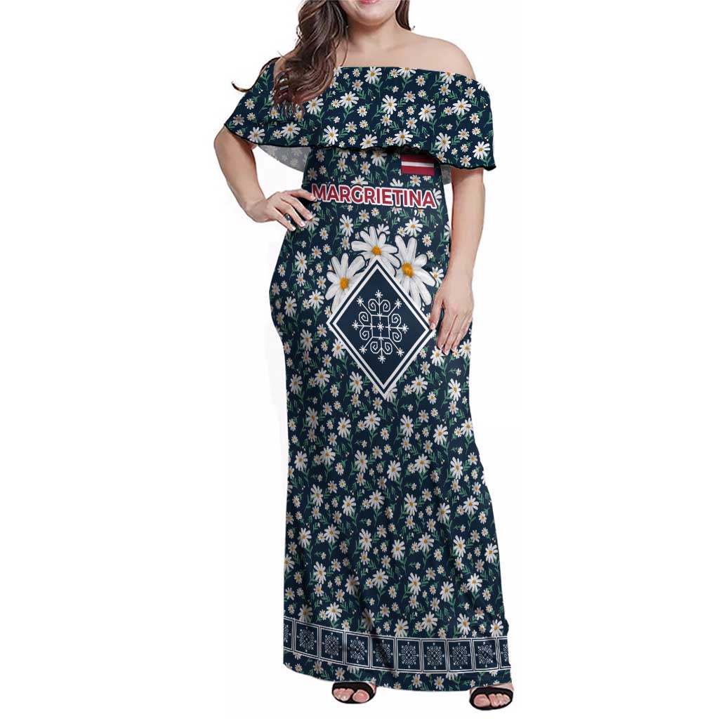 Latvia Family Matching Off Shoulder Maxi Dress and Hawaiian Shirt with Margrietina Daisy and Ethnic Pattern – Latvia in Bloom Floral Design