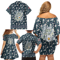 Latvia Family Matching Off Shoulder Short Dress and Hawaiian Shirt with Margrietina Daisy and Ethnic Pattern – Latvia in Bloom Floral Design