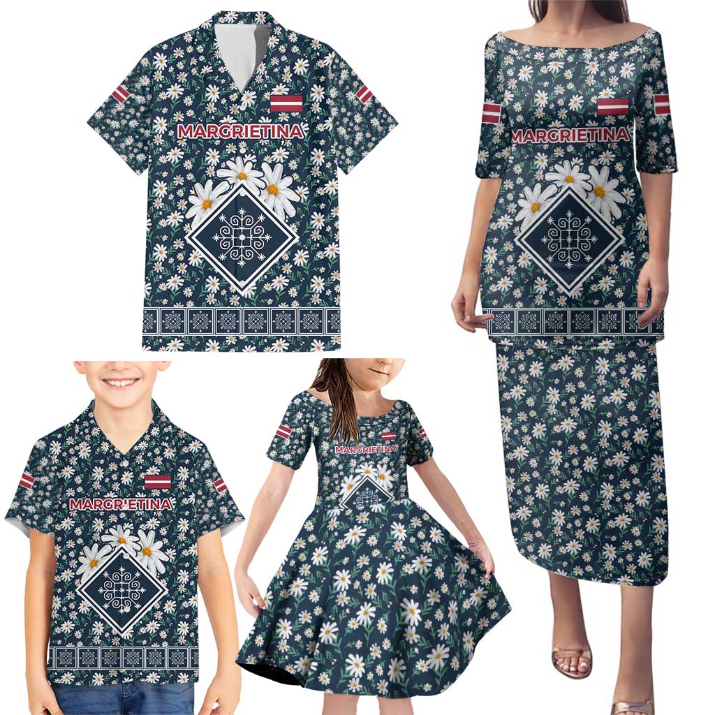 Latvia Family Matching Puletasi and Hawaiian Shirt with Margrietina Daisy and Ethnic Pattern – Latvia in Bloom Floral Design