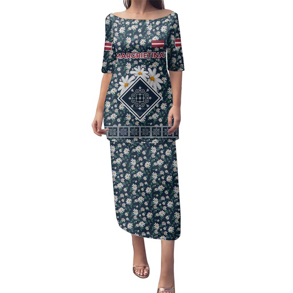 Latvia Family Matching Puletasi and Hawaiian Shirt with Margrietina Daisy and Ethnic Pattern – Latvia in Bloom Floral Design