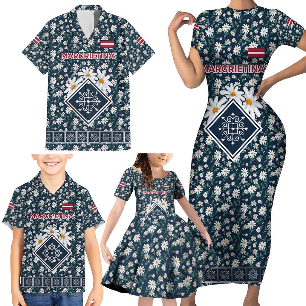 Latvia Family Matching Short Sleeve Bodycon Dress and Hawaiian Shirt with Margrietina Daisy and Ethnic Pattern – Latvia in Bloom Floral Design