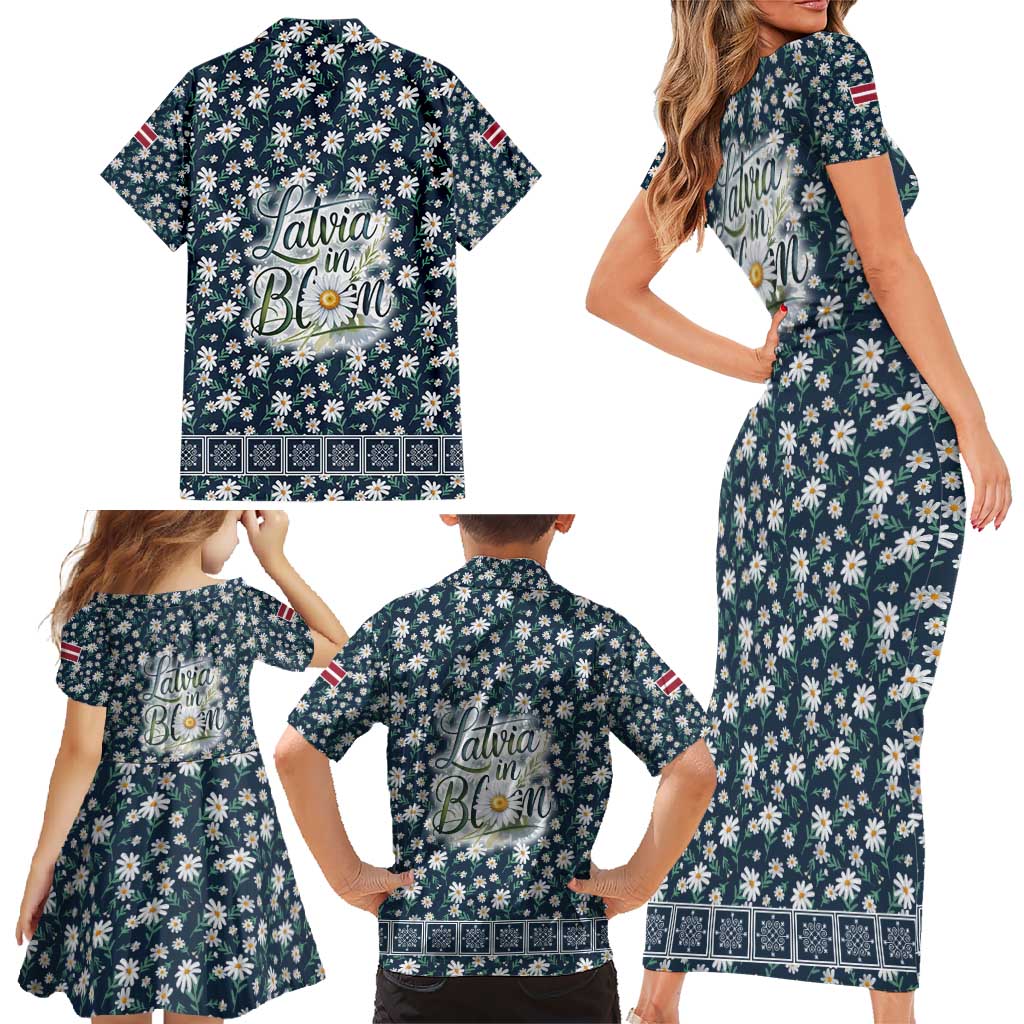Latvia Family Matching Short Sleeve Bodycon Dress and Hawaiian Shirt with Margrietina Daisy and Ethnic Pattern – Latvia in Bloom Floral Design
