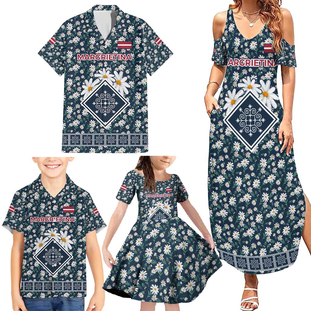 Latvia Family Matching Summer Maxi Dress and Hawaiian Shirt with Margrietina Daisy and Ethnic Pattern – Latvia in Bloom Floral Design