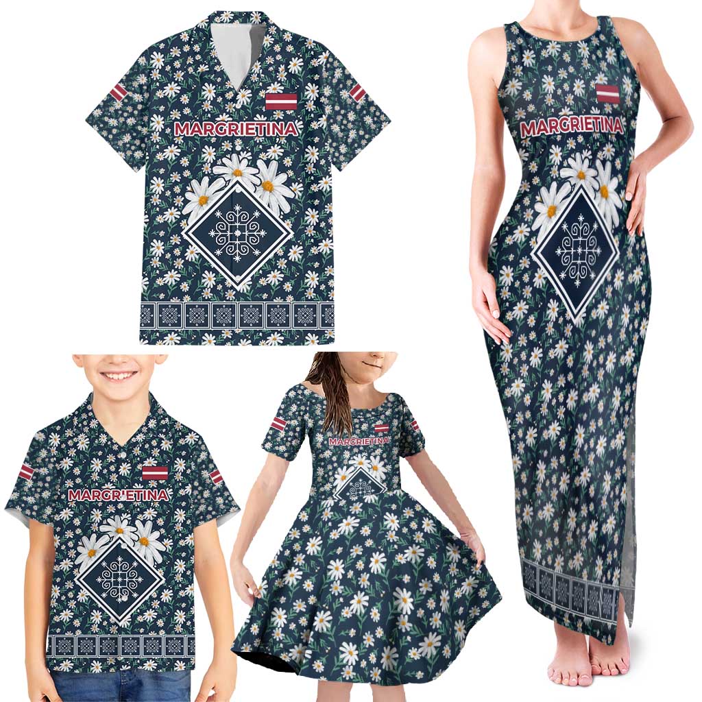 Latvia Family Matching Tank Maxi Dress and Hawaiian Shirt with Margrietina Daisy and Ethnic Pattern – Latvia in Bloom Floral Design