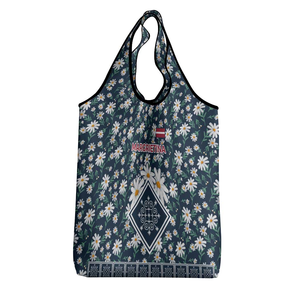 Latvia Grocery Bag with Margrietina Daisy and Ethnic Pattern – Latvia in Bloom Floral Design