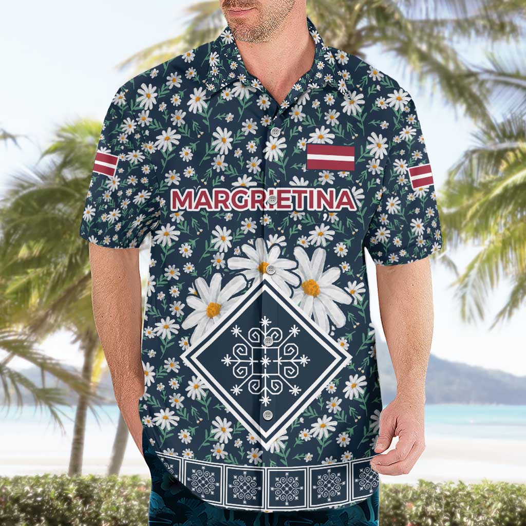 Latvia Hawaiian Shirt with Margrietina Daisy and Ethnic Pattern – Latvia in Bloom Floral Design