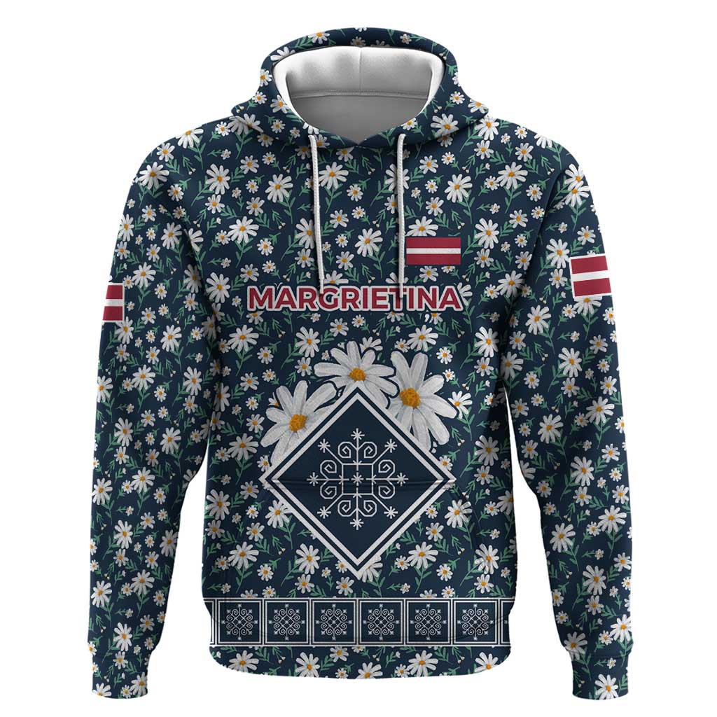 Latvia Hoodie with Margrietina Daisy and Ethnic Pattern – Latvia in Bloom Floral Design