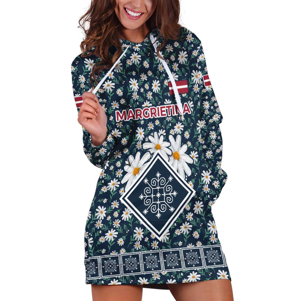 Latvia Hoodie Dress with Margrietina Daisy and Ethnic Pattern – Latvia in Bloom Floral Design