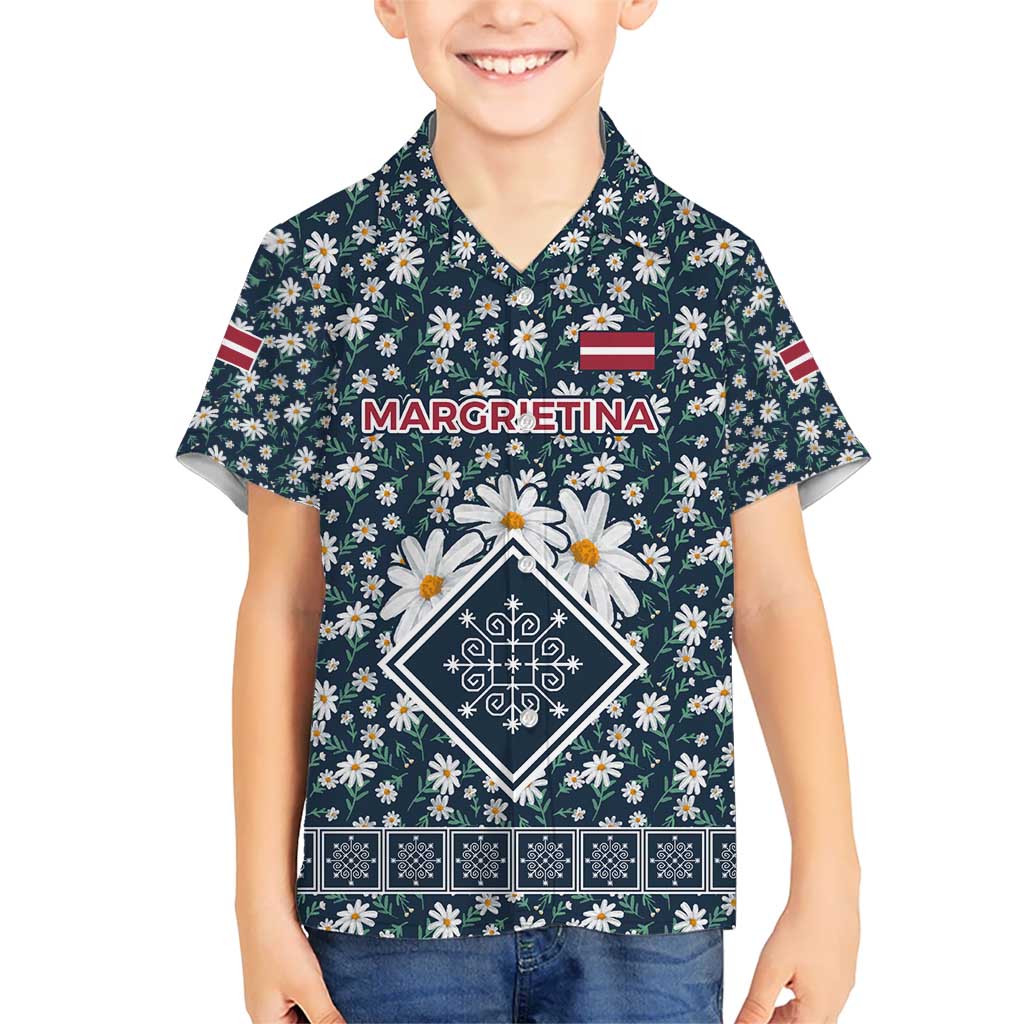 Latvia Kid Hawaiian Shirt with Margrietina Daisy and Ethnic Pattern – Latvia in Bloom Floral Design