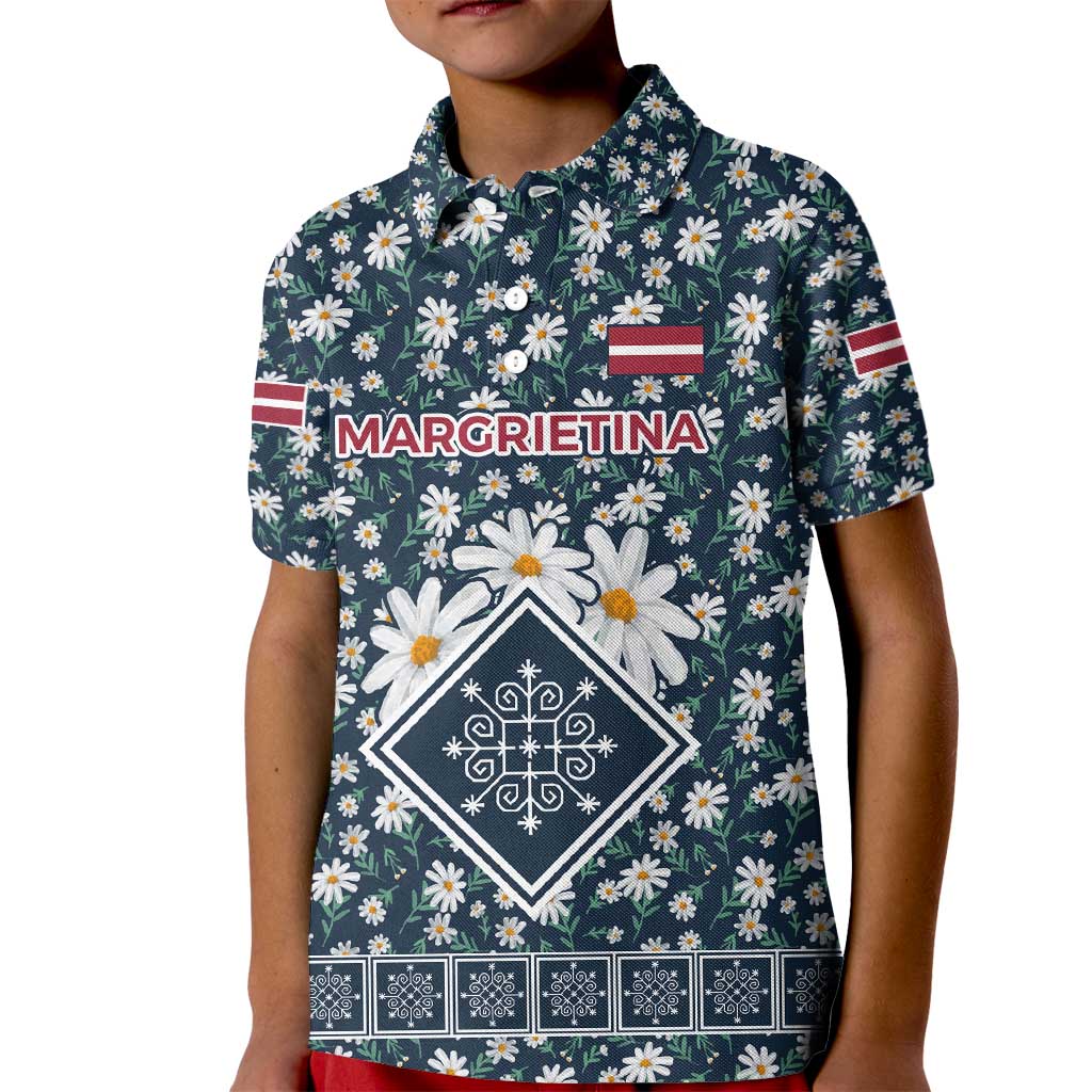 Latvia Kid Polo Shirt with Margrietina Daisy and Ethnic Pattern – Latvia in Bloom Floral Design