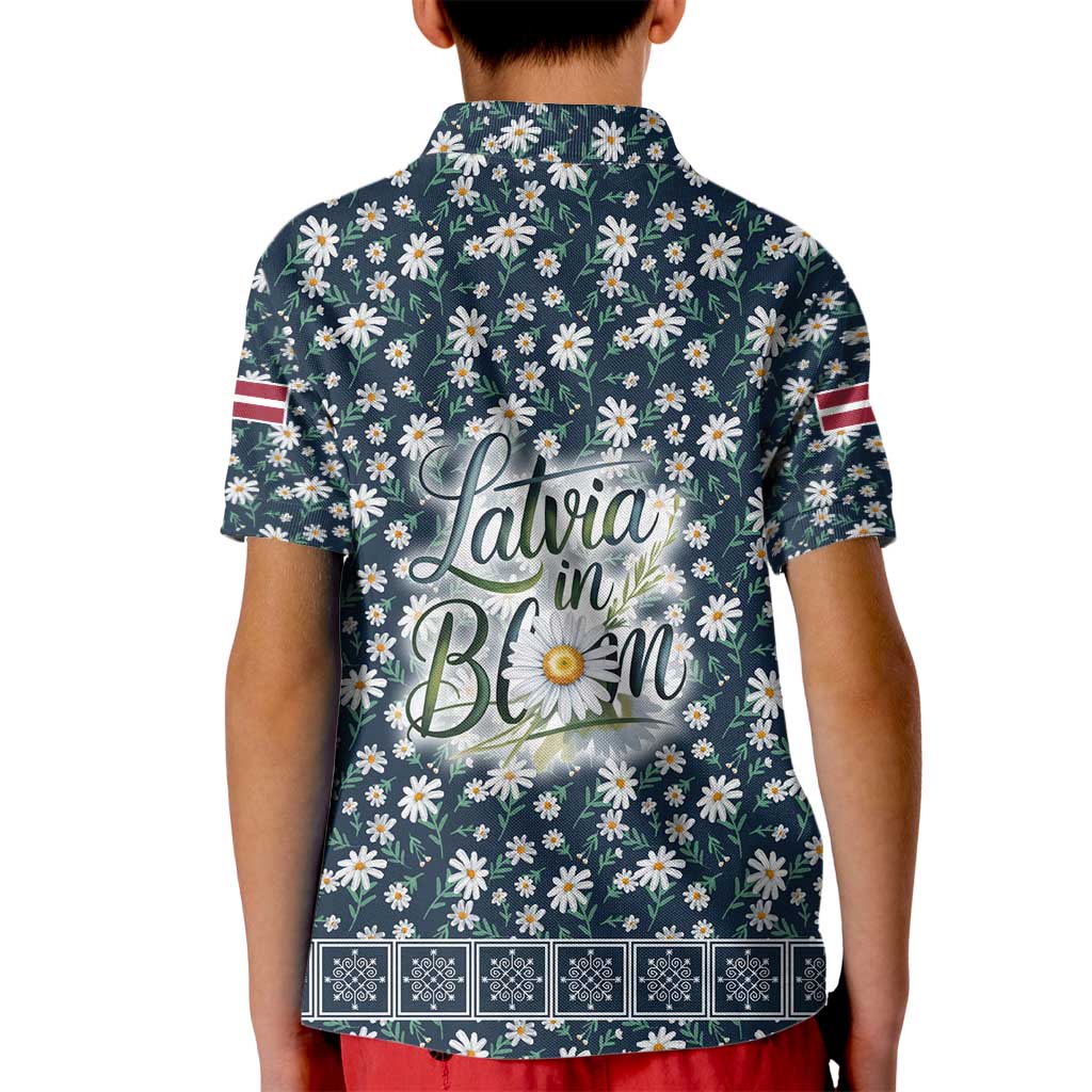 Latvia Kid Polo Shirt with Margrietina Daisy and Ethnic Pattern – Latvia in Bloom Floral Design