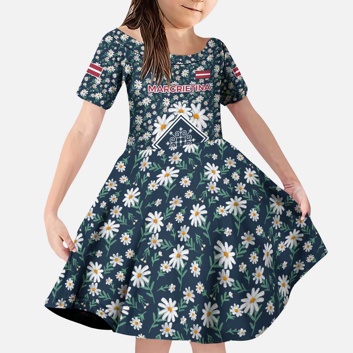 Latvia Kid Short Sleeve Dress with Margrietina Daisy and Ethnic Pattern – Latvia in Bloom Floral Design