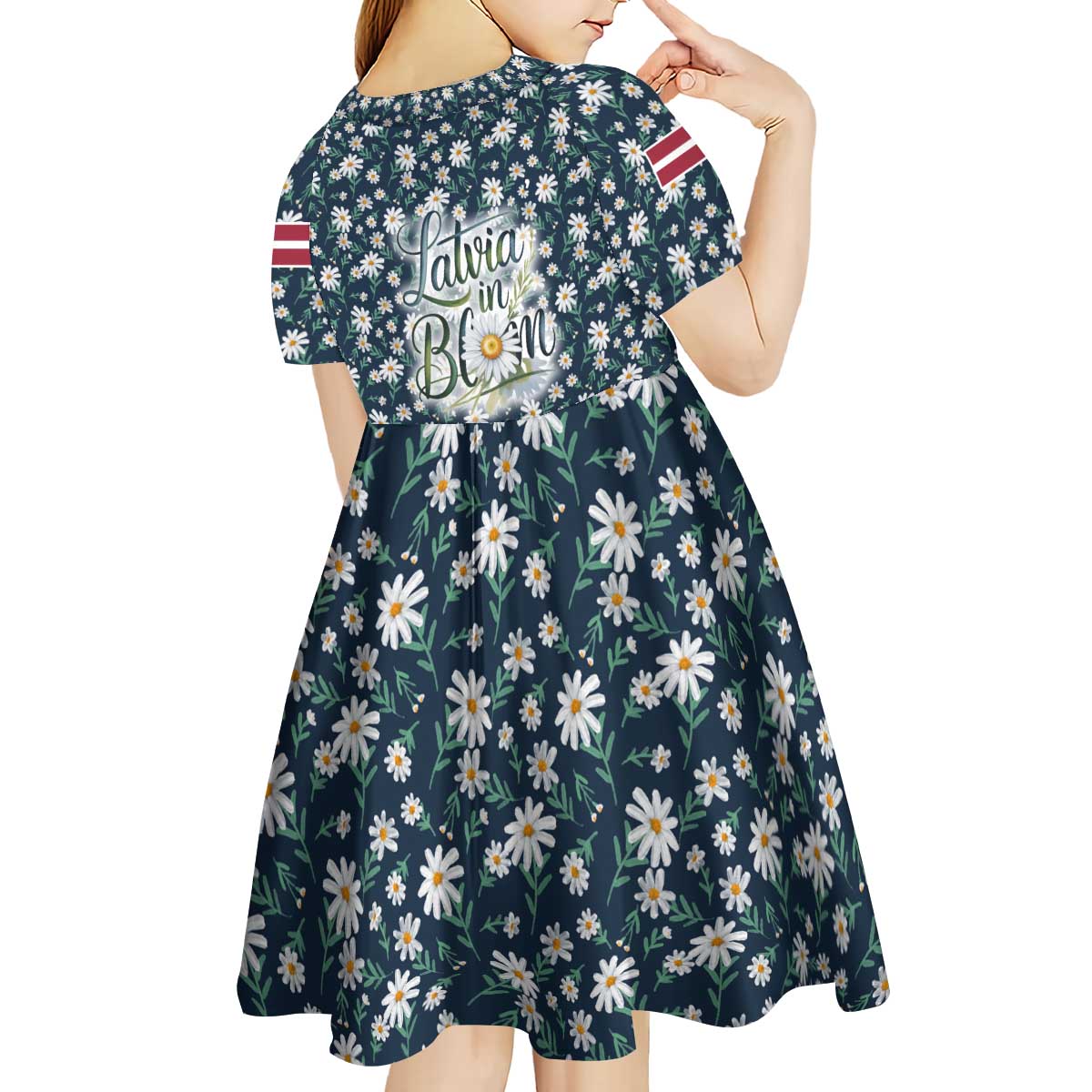 Latvia Kid Short Sleeve Dress with Margrietina Daisy and Ethnic Pattern – Latvia in Bloom Floral Design