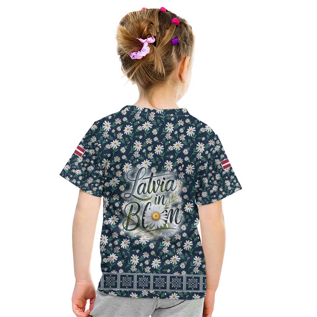 Latvia Kid T Shirt with Margrietina Daisy and Ethnic Pattern – Latvia in Bloom Floral Design