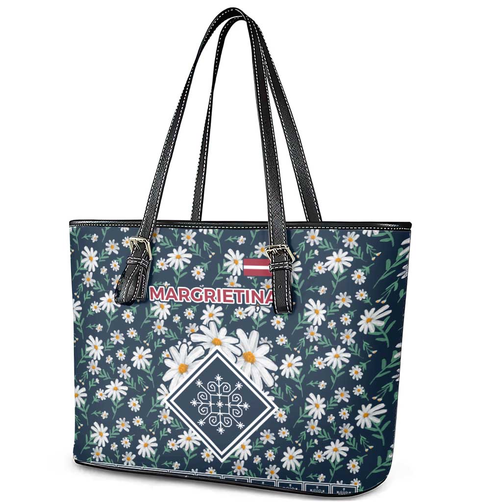 Latvia Leather Tote Bag with Margrietina Daisy and Ethnic Pattern – Latvia in Bloom Floral Design