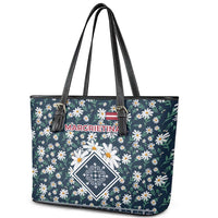 Latvia Leather Tote Bag with Margrietina Daisy and Ethnic Pattern – Latvia in Bloom Floral Design