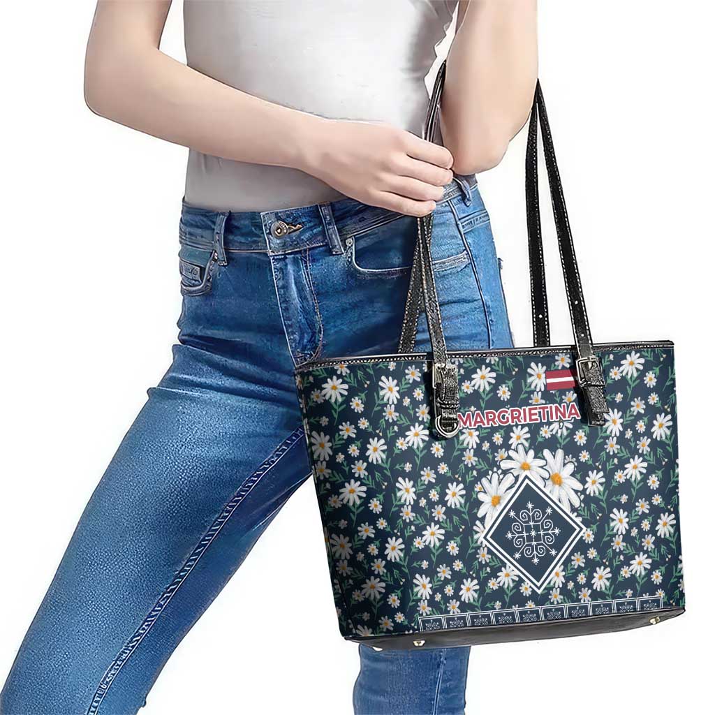 Latvia Leather Tote Bag with Margrietina Daisy and Ethnic Pattern – Latvia in Bloom Floral Design
