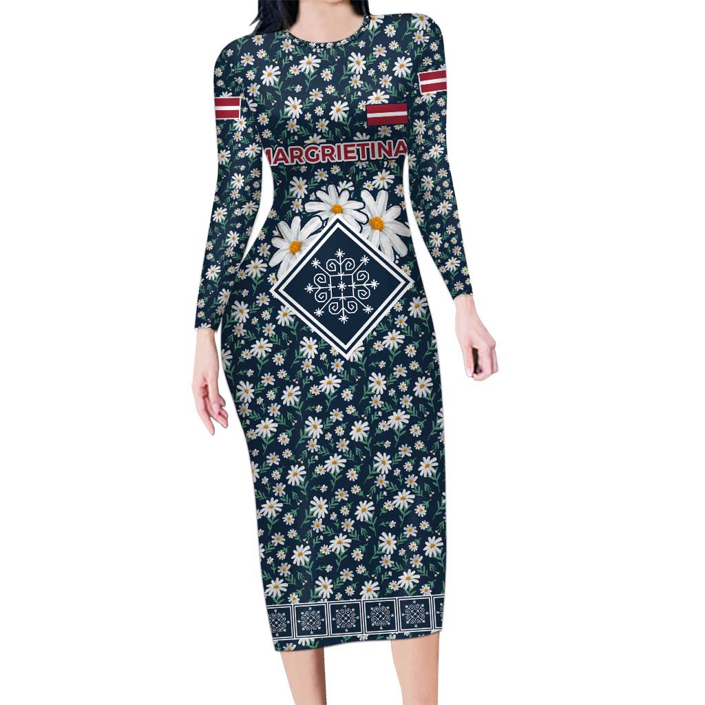 Latvia Long Sleeve Bodycon Dress with Margrietina Daisy and Ethnic Pattern – Latvia in Bloom Floral Design