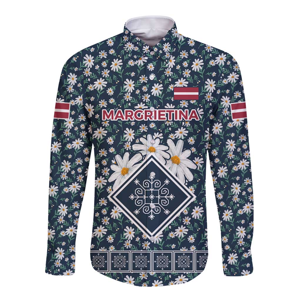 Latvia Long Sleeve Button Shirt with Margrietina Daisy and Ethnic Pattern – Latvia in Bloom Floral Design
