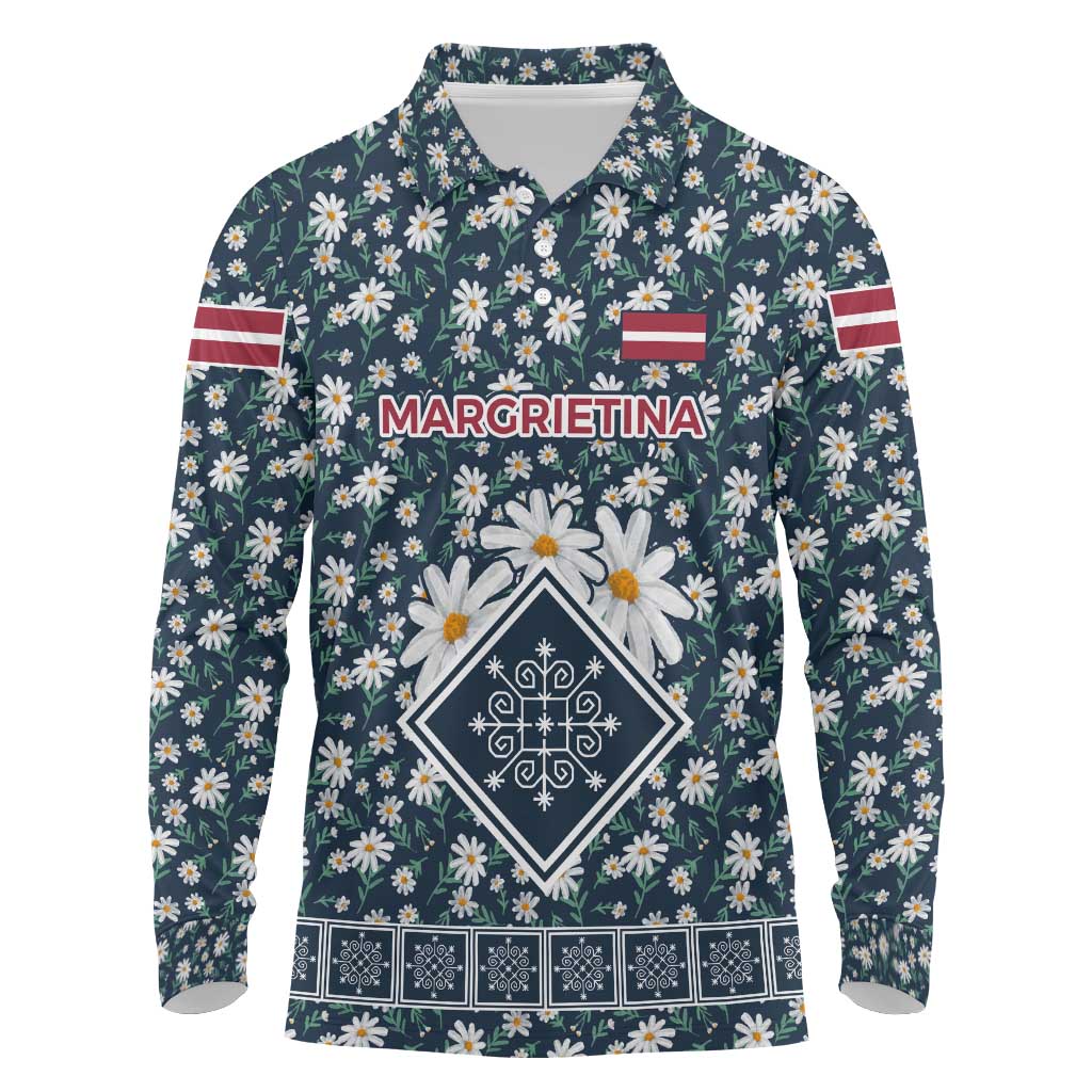 Latvia Long Sleeve Polo Shirt with Margrietina Daisy and Ethnic Pattern – Latvia in Bloom Floral Design