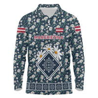 Latvia Long Sleeve Polo Shirt with Margrietina Daisy and Ethnic Pattern – Latvia in Bloom Floral Design