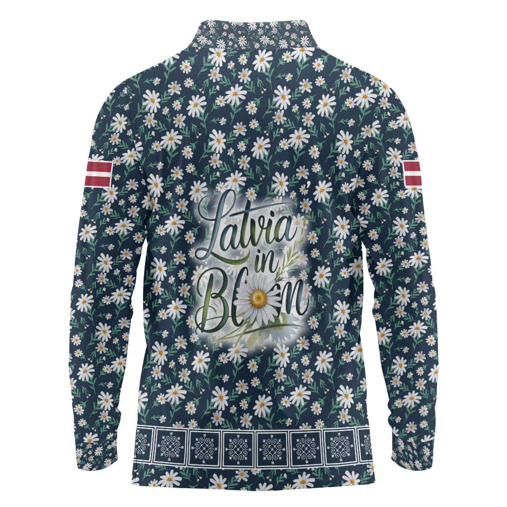 Latvia Long Sleeve Polo Shirt with Margrietina Daisy and Ethnic Pattern – Latvia in Bloom Floral Design