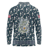 Latvia Long Sleeve Polo Shirt with Margrietina Daisy and Ethnic Pattern – Latvia in Bloom Floral Design