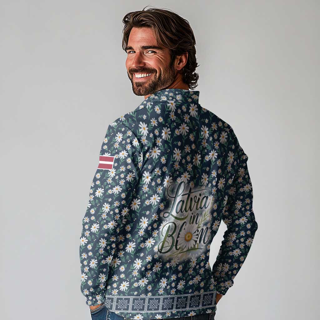 Latvia Long Sleeve Polo Shirt with Margrietina Daisy and Ethnic Pattern – Latvia in Bloom Floral Design