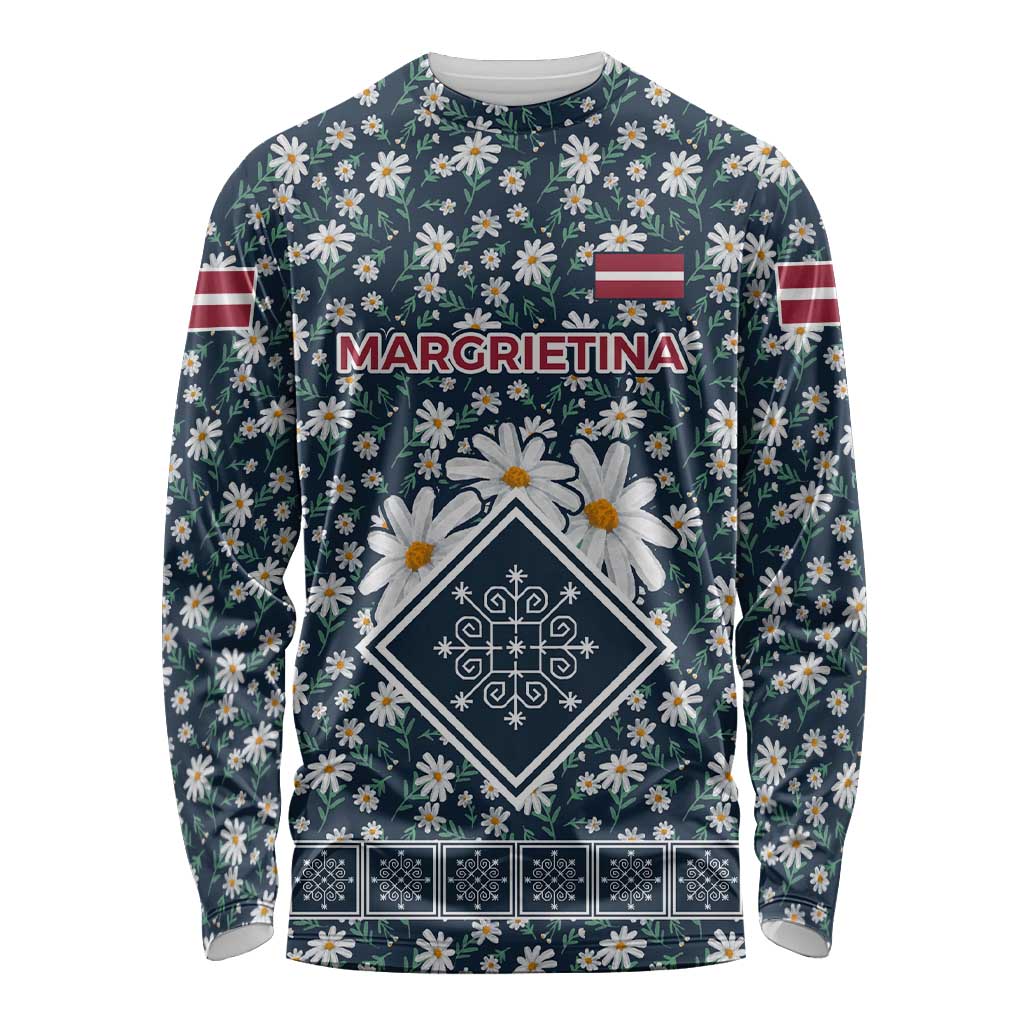 Latvia Long Sleeve Shirt with Margrietina Daisy and Ethnic Pattern – Latvia in Bloom Floral Design