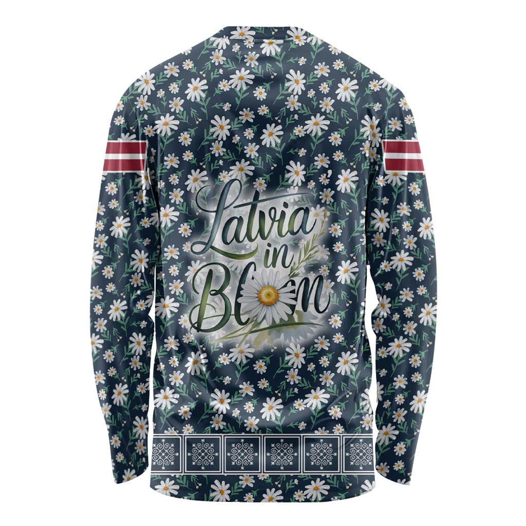 Latvia Long Sleeve Shirt with Margrietina Daisy and Ethnic Pattern – Latvia in Bloom Floral Design