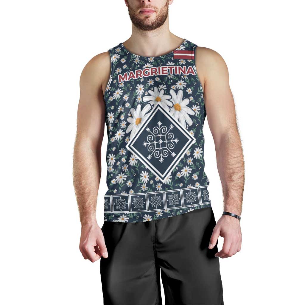 Latvia Men Tank Top with Margrietina Daisy and Ethnic Pattern – Latvia in Bloom Floral Design