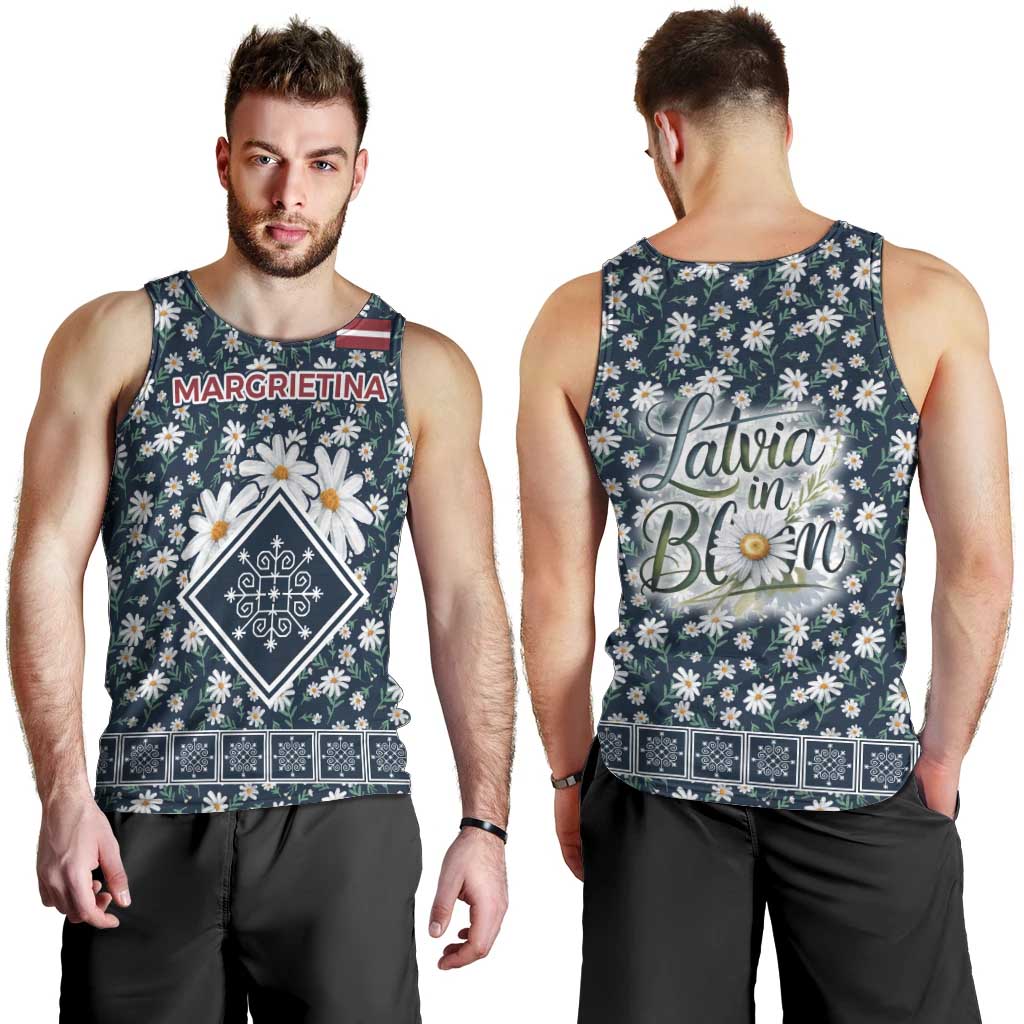 Latvia Men Tank Top with Margrietina Daisy and Ethnic Pattern – Latvia in Bloom Floral Design