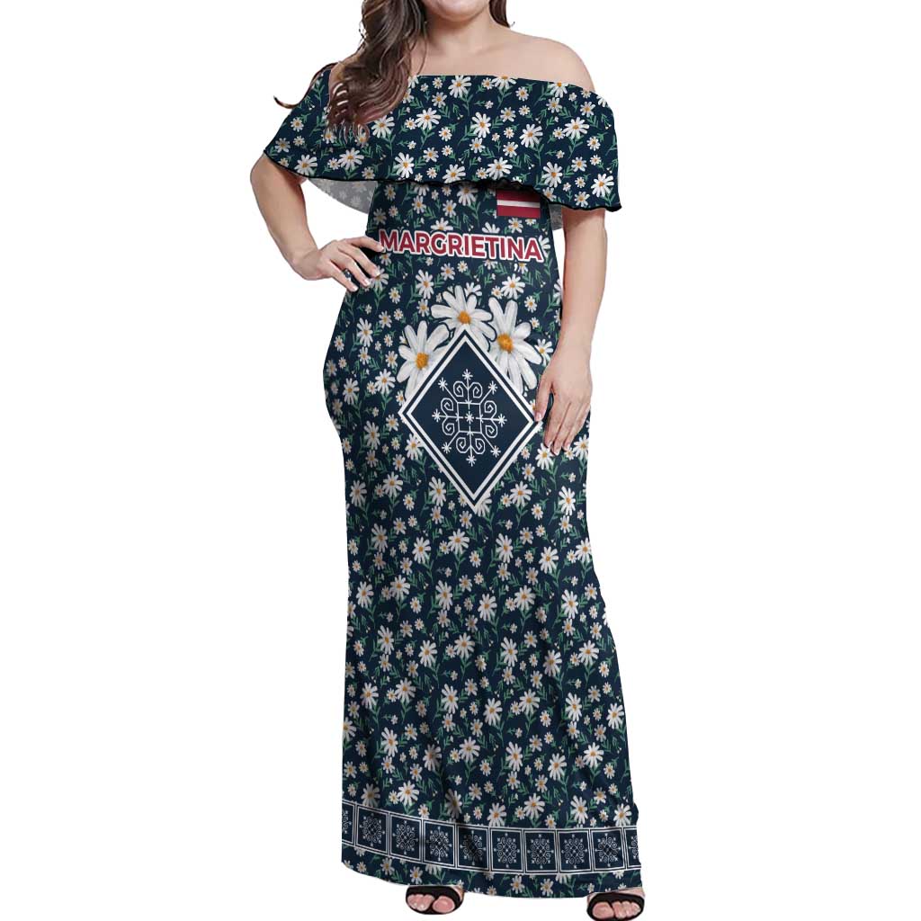 Latvia Off Shoulder Maxi Dress with Margrietina Daisy and Ethnic Pattern – Latvia in Bloom Floral Design