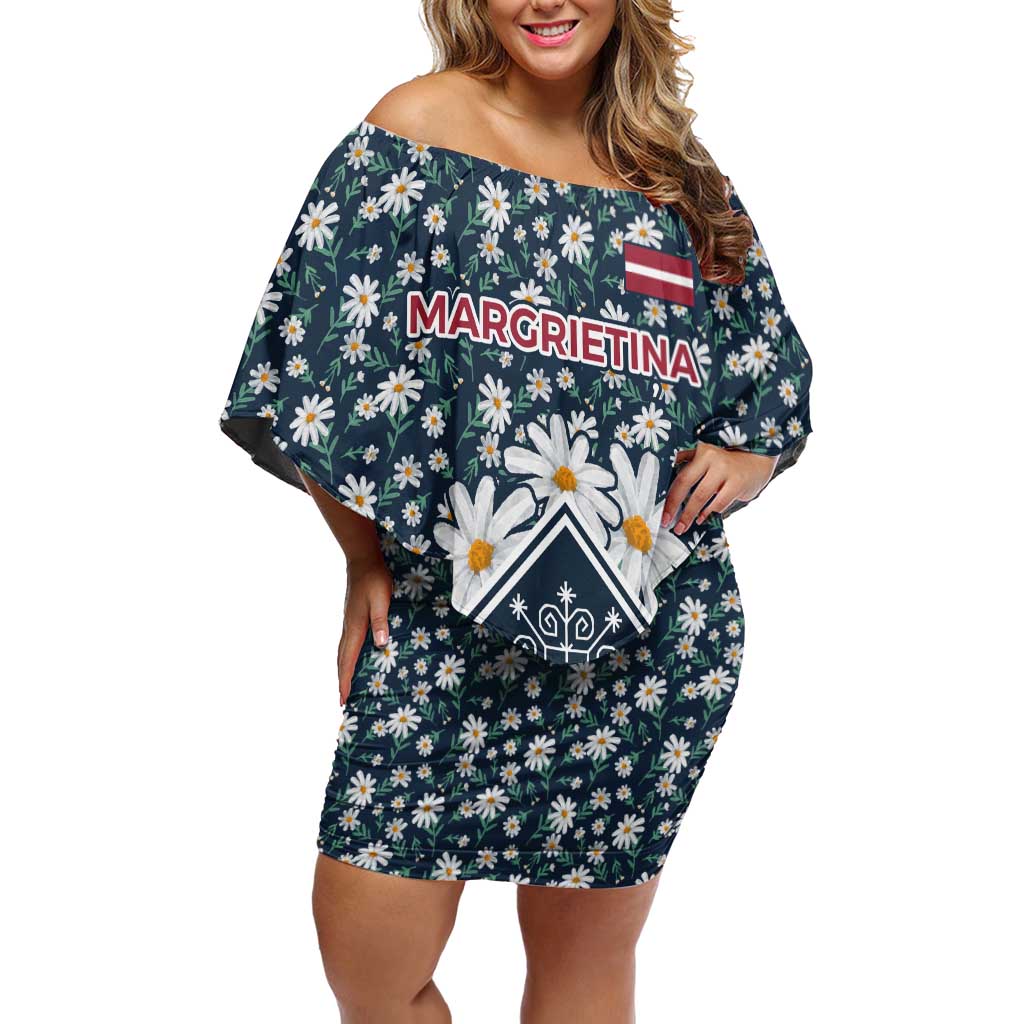Latvia Off Shoulder Short Dress with Margrietina Daisy and Ethnic Pattern – Latvia in Bloom Floral Design