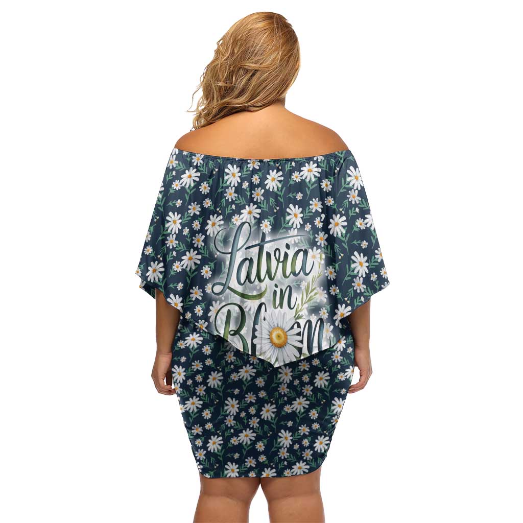 Latvia Off Shoulder Short Dress with Margrietina Daisy and Ethnic Pattern – Latvia in Bloom Floral Design