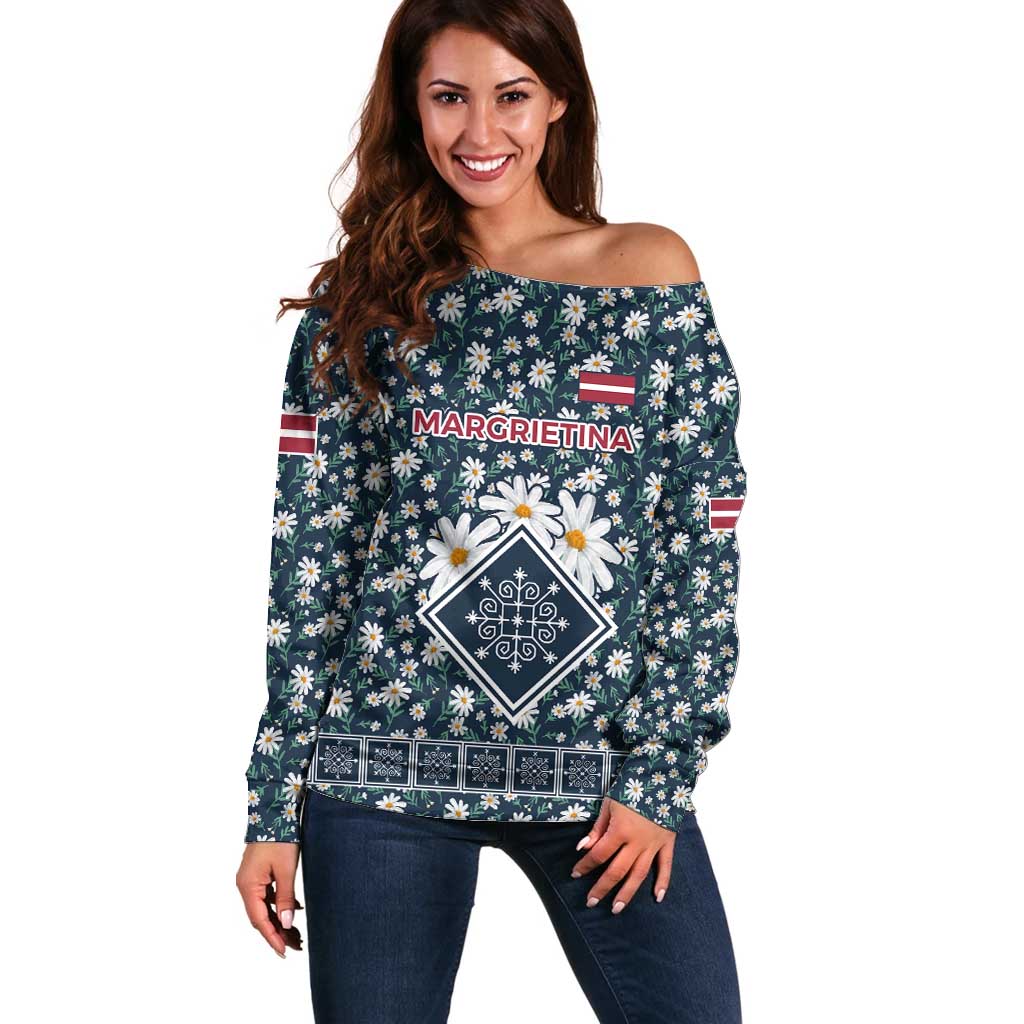 Latvia Off Shoulder Sweater with Margrietina Daisy and Ethnic Pattern – Latvia in Bloom Floral Design
