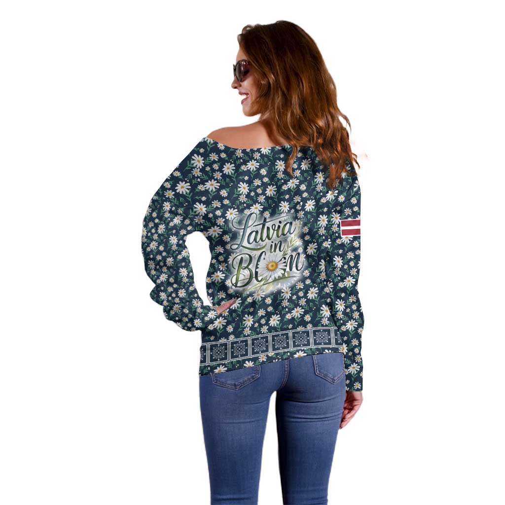 Latvia Off Shoulder Sweater with Margrietina Daisy and Ethnic Pattern – Latvia in Bloom Floral Design