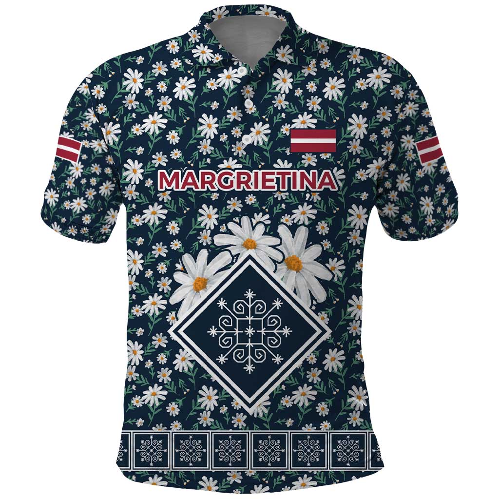 Latvia Polo Shirt with Margrietina Daisy and Ethnic Pattern – Latvia in Bloom Floral Design